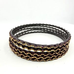 Dark Purple Gold Tone Wavy Edge Stackable Bangle Set - Boho Gothic Jewelry